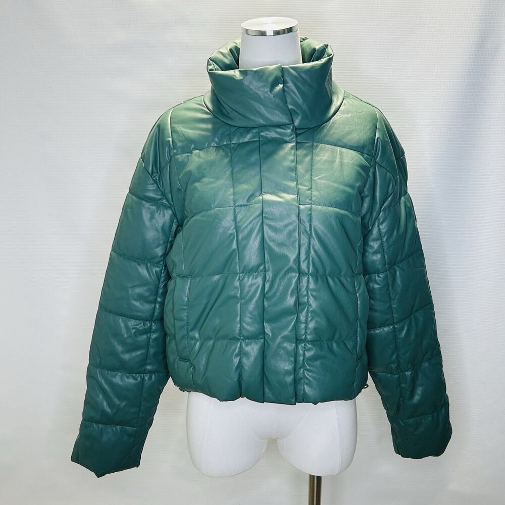 Windsor Love Tree Vegan Leather Puffer Crop Jacket Womens Size Large, Green